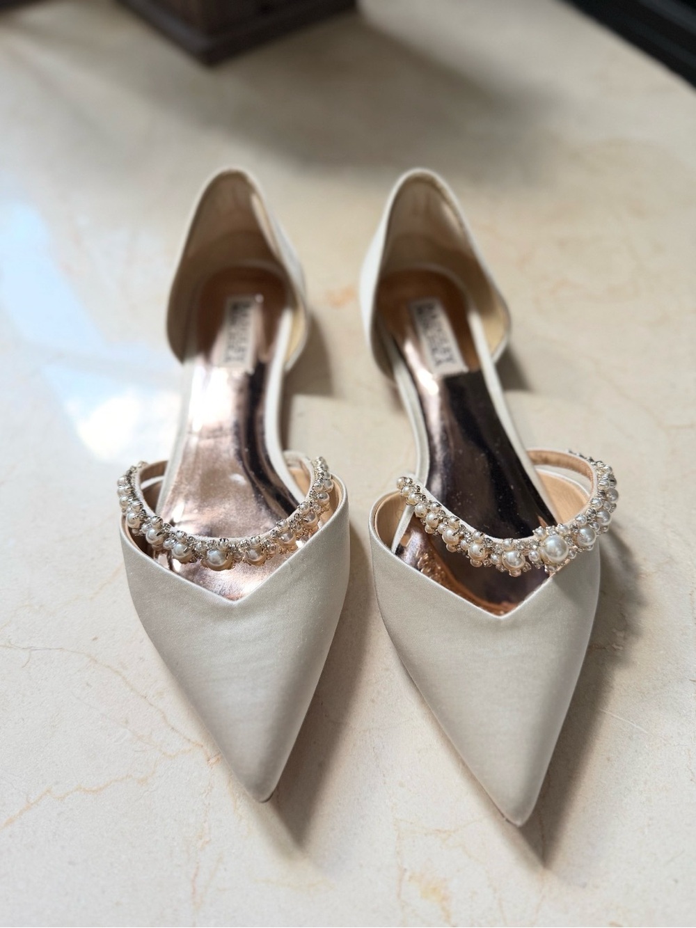 Badgley Mischka Ivory Pearl-Embellished Pointed Flats